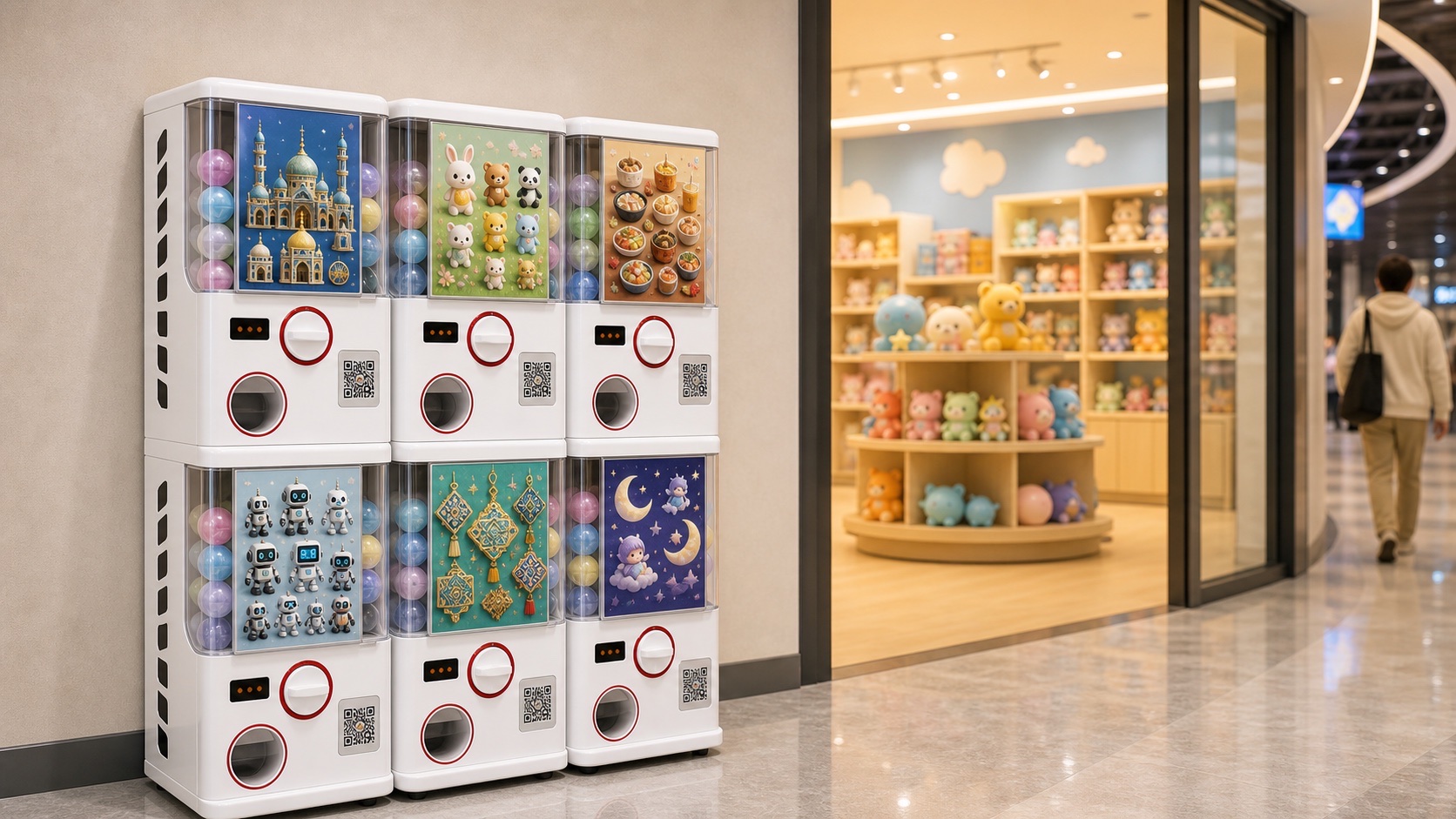 QR-payment capsule toy cabinet at a toy shop entrance